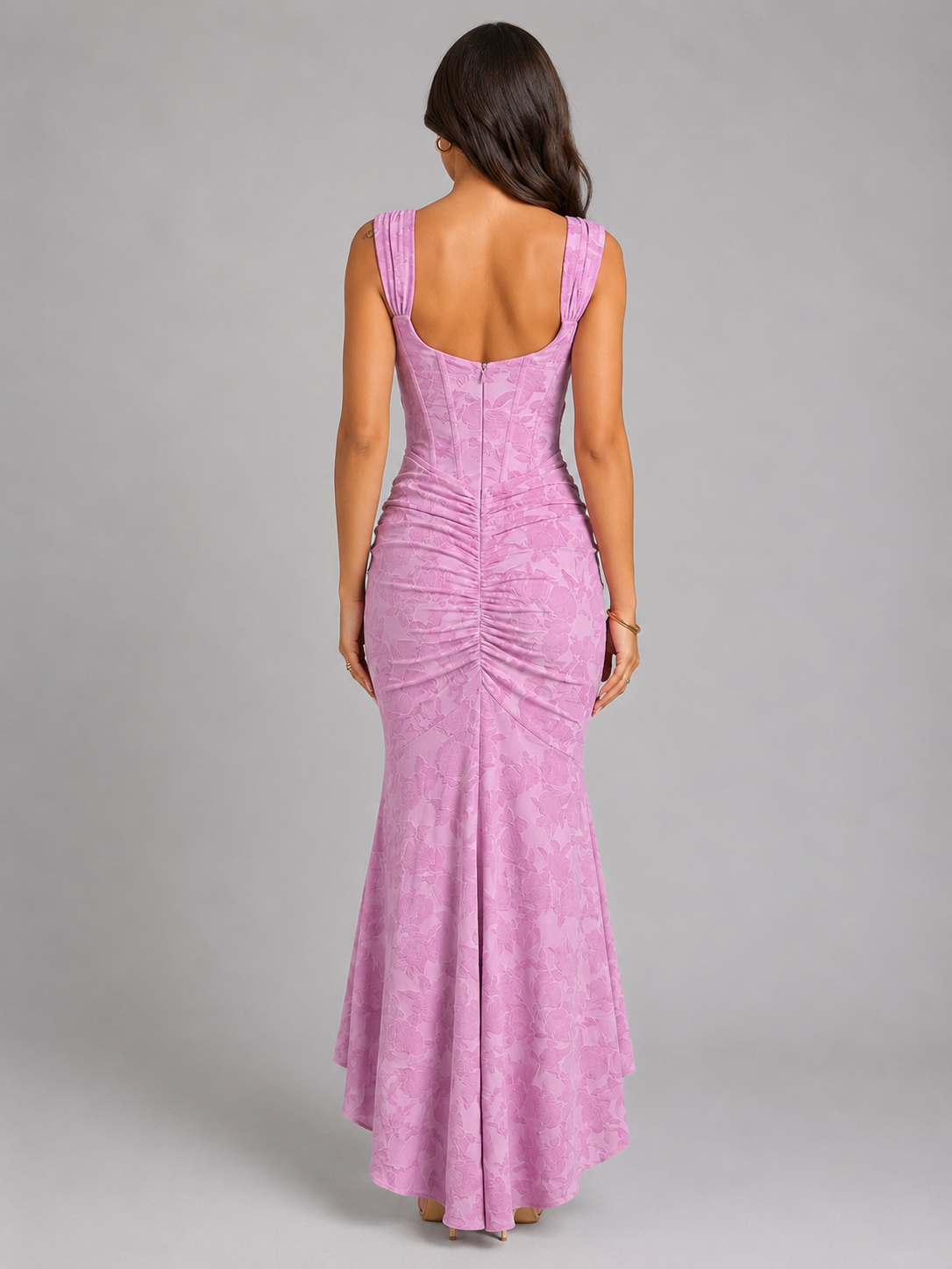 Women's Corset Maxi Dress Floral Square Neck Fishtail Hem Wedding Guest