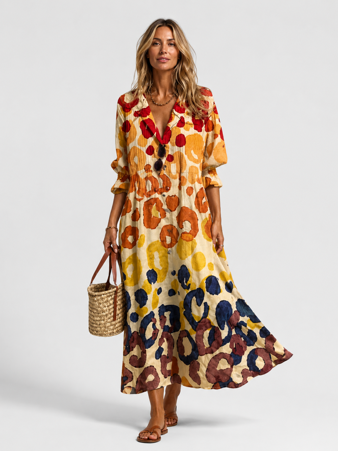 Women's Floral Maxi Shirt Dress V-Neck 3/4 Sleeve Button Front Beach Casual