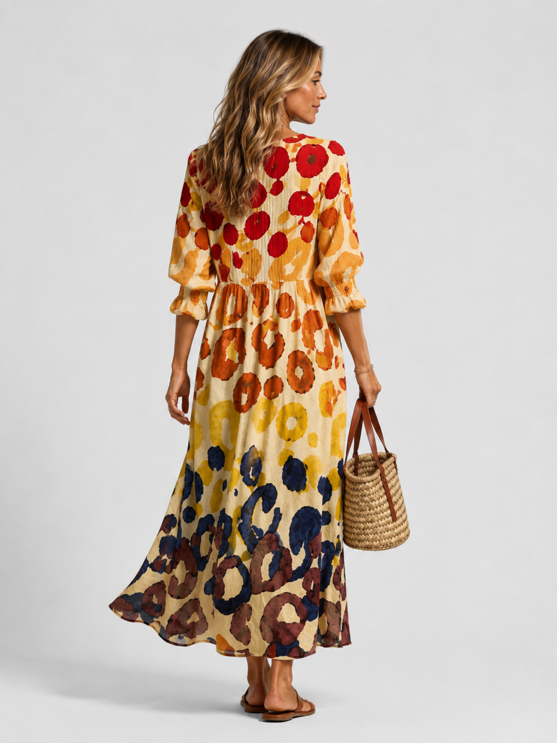 Women's Floral Maxi Shirt Dress V-Neck 3/4 Sleeve Button Front Beach Casual