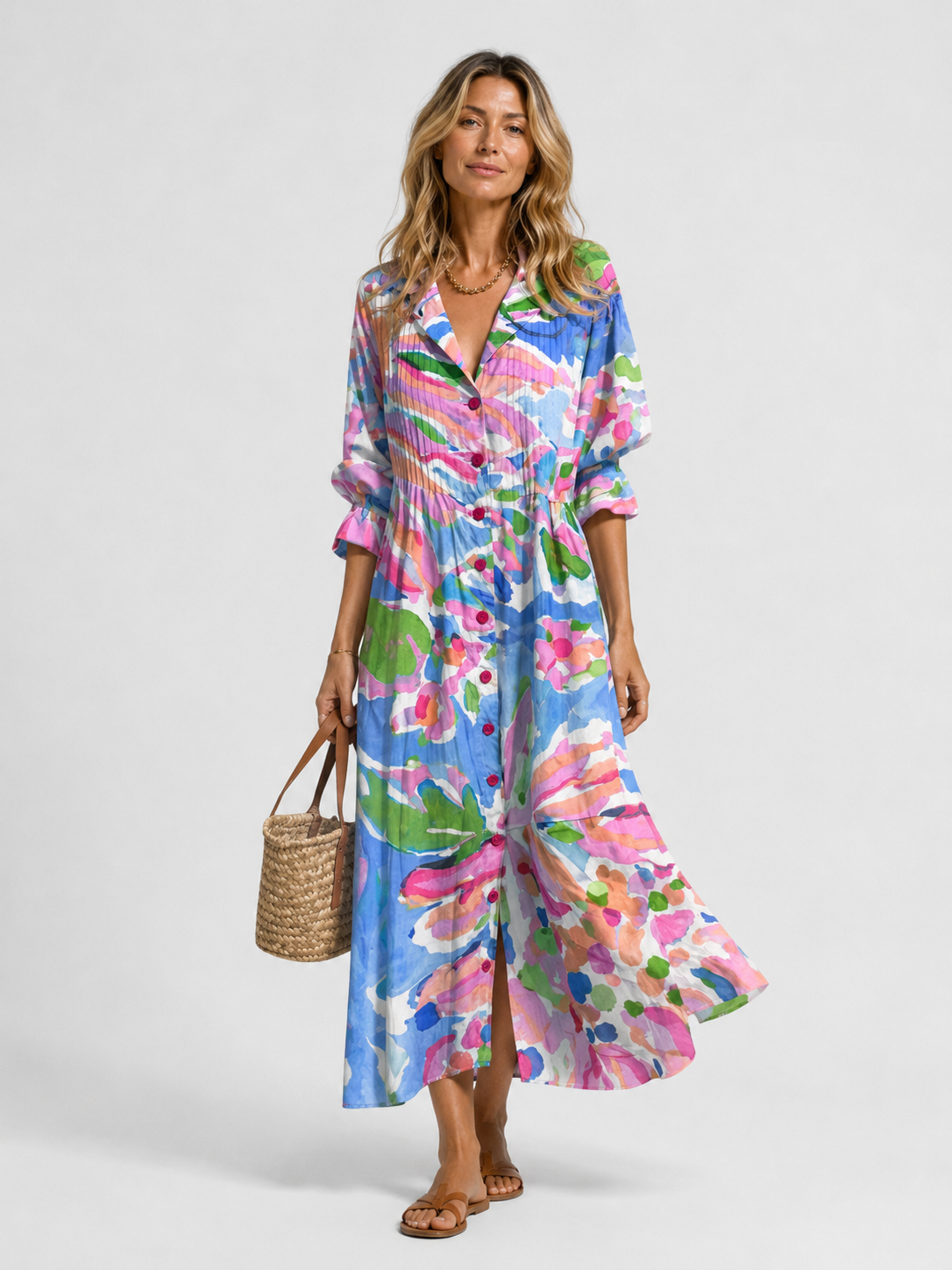 Women's Floral Maxi Shirt Dress V-Neck 3/4 Sleeve Button Front Beach Casual