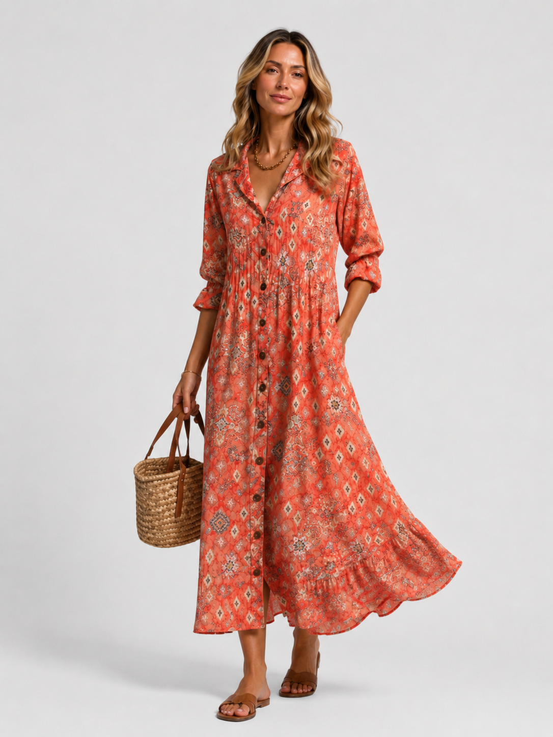 Women's Floral Maxi Shirt Dress V-Neck 3/4 Sleeve Button Front Beach Casual