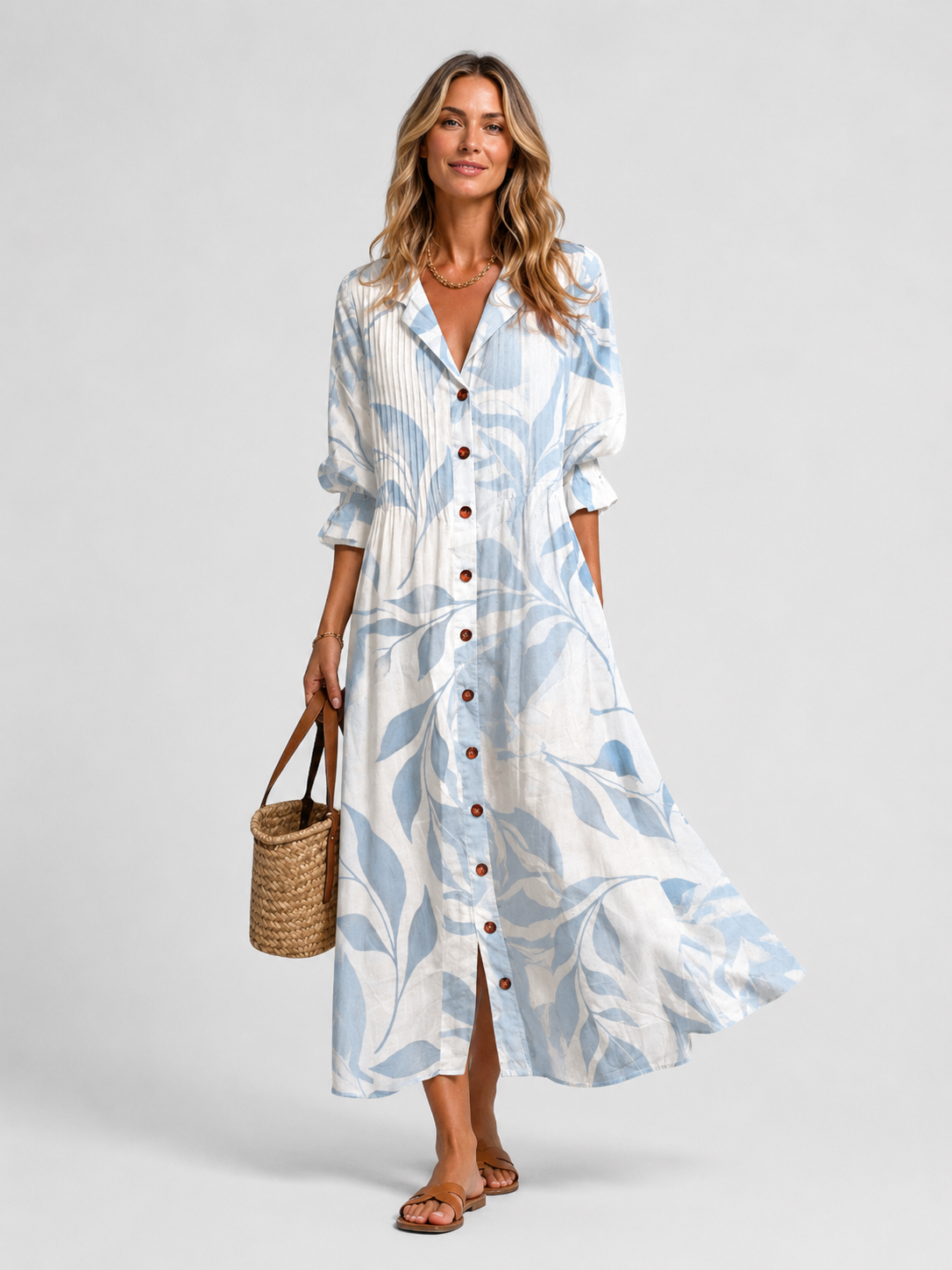 Women's Floral Maxi Shirt Dress V-Neck 3/4 Sleeve Button Front Beach Casual