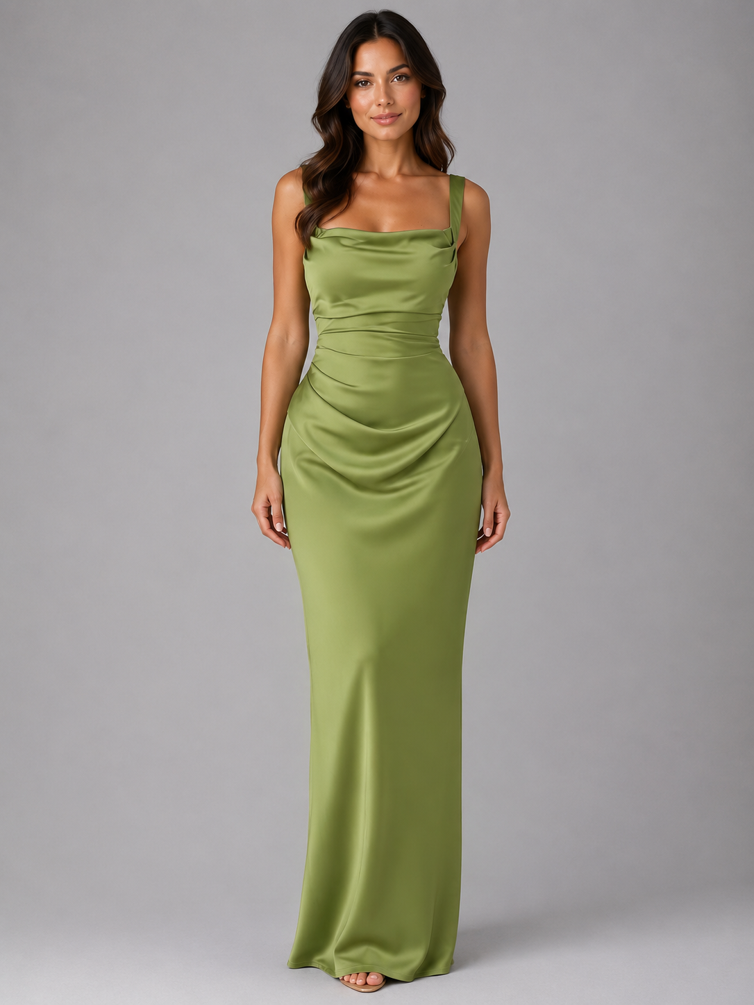 Women's Satin Maxi Dress Ruched Waist Square Neck Wedding Guest Gown