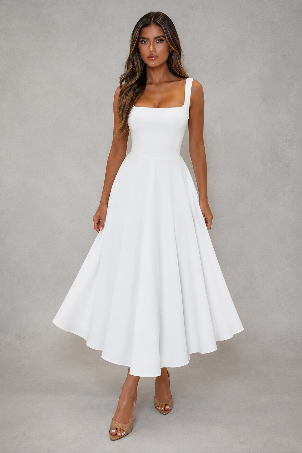 Women's Square Neck A-Line Midi Dress White Sleeveless Work & Occasion