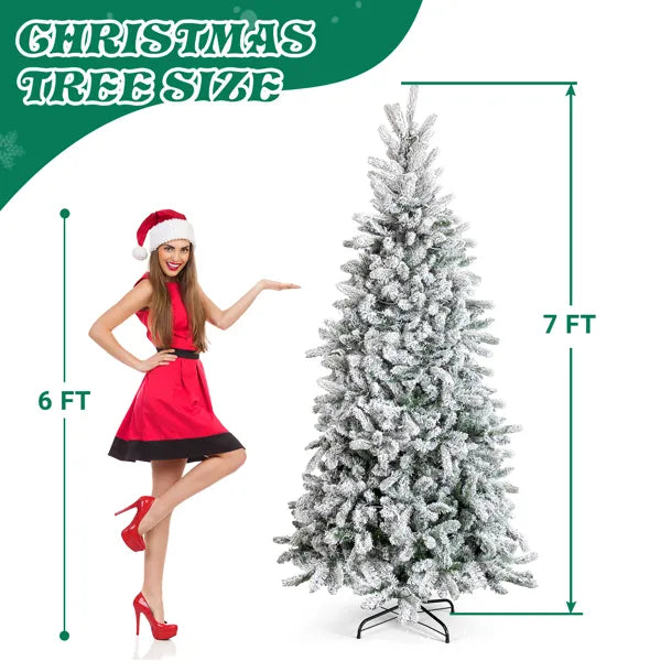 Pre-Lit Snow Flocked Pencil Christmas Tree 7ft – 400 Lights, 1100 Tips, Hinged Slim Pine