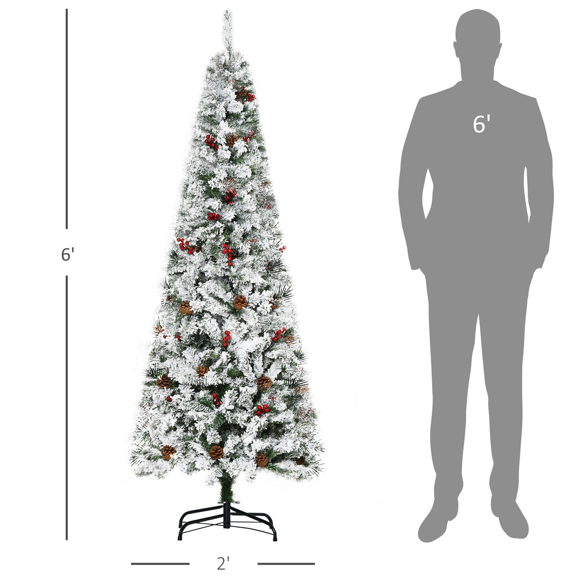 Snow Flocked Pencil Christmas Tree 6ft – Pine Cones, Red Berries, 600 Branches, Auto-Open