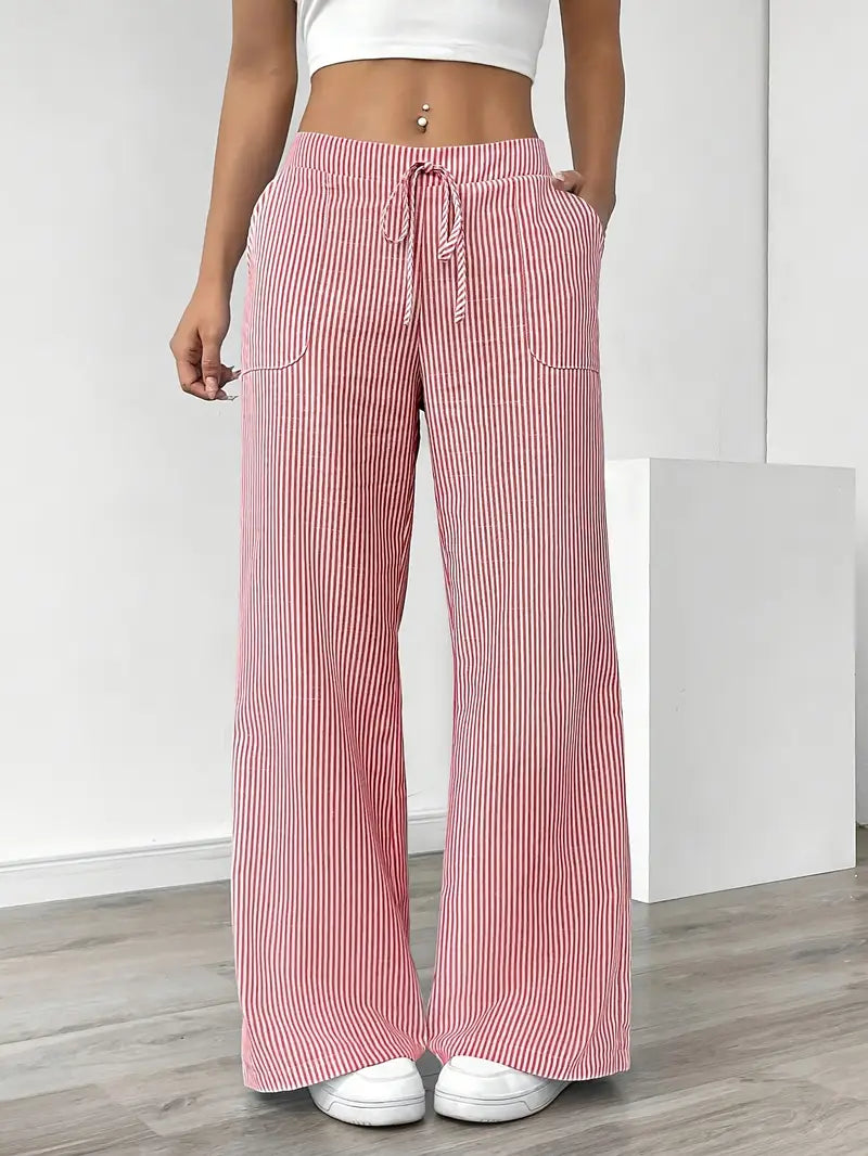 Women's Striped Wide Leg Pants Drawstring High Waist with Pockets