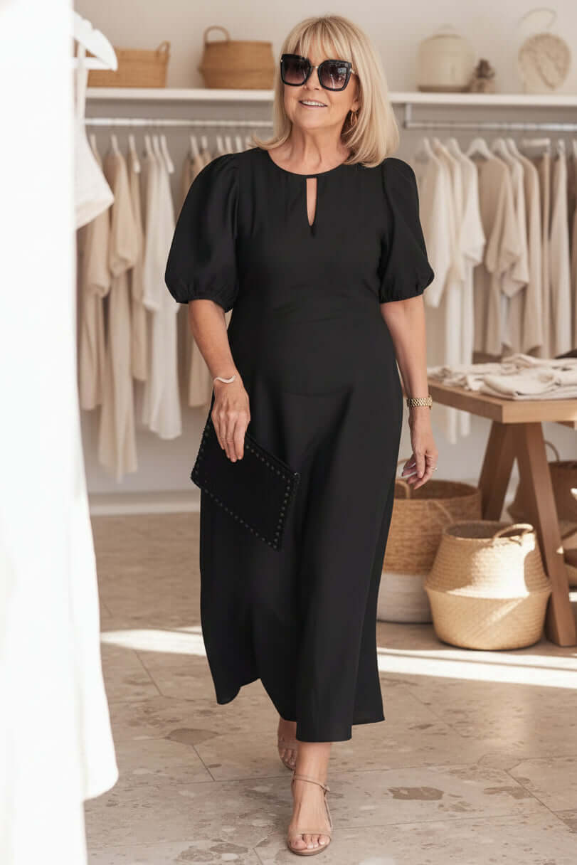 Women's Midi Dress Puff Sleeve Keyhole Neckline Button Detail
