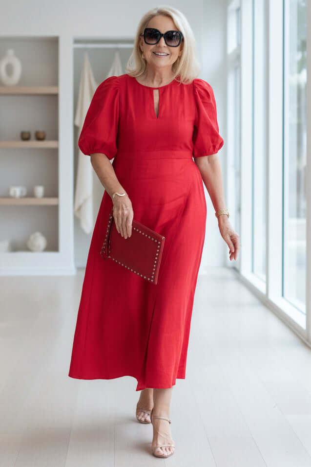 Women's Midi Dress Puff Sleeve Keyhole Neckline Button Detail