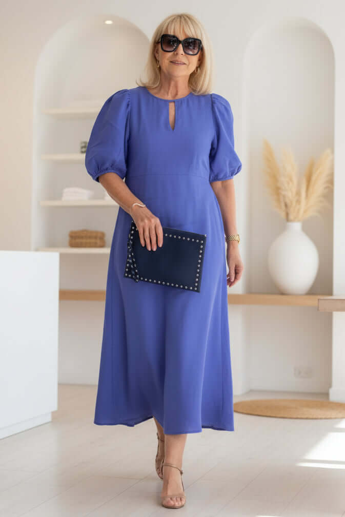 Women's Midi Dress Puff Sleeve Keyhole Neckline Button Detail