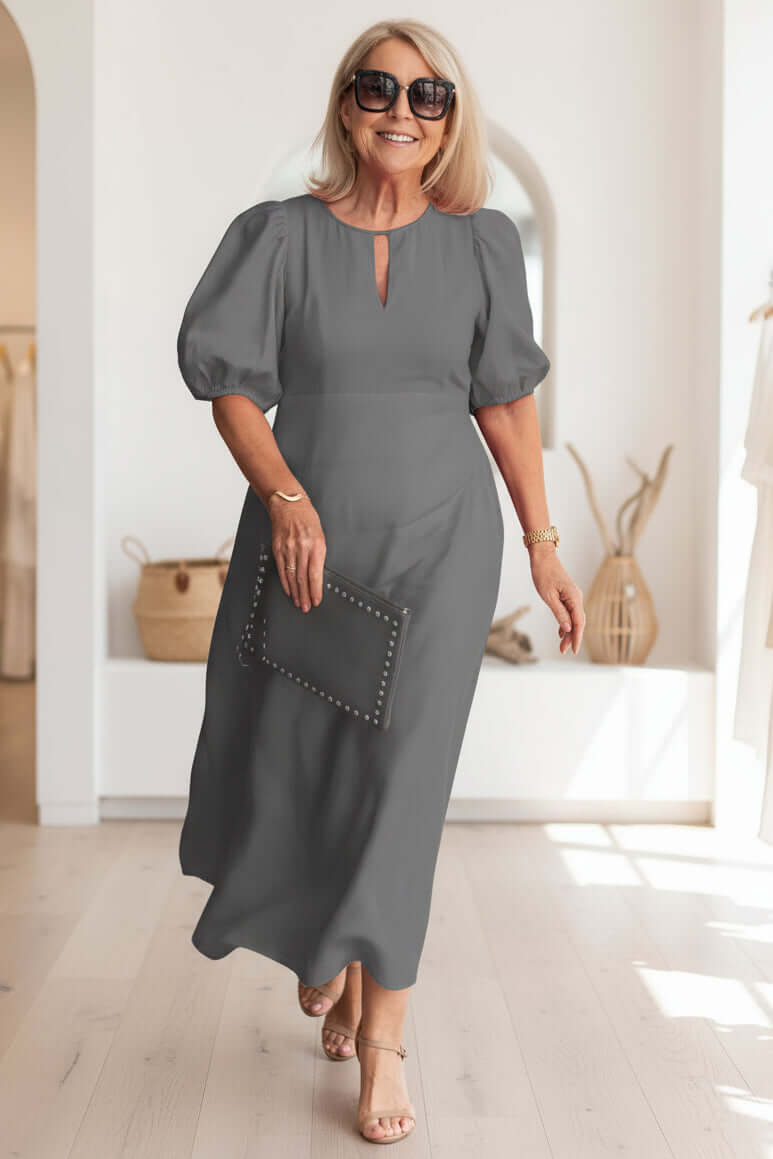 Women's Midi Dress Puff Sleeve Keyhole Neckline Button Detail
