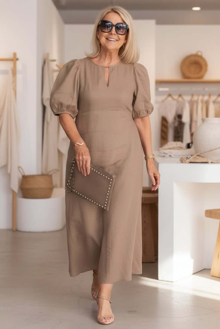 Women's Midi Dress Puff Sleeve Keyhole Neckline Button Detail