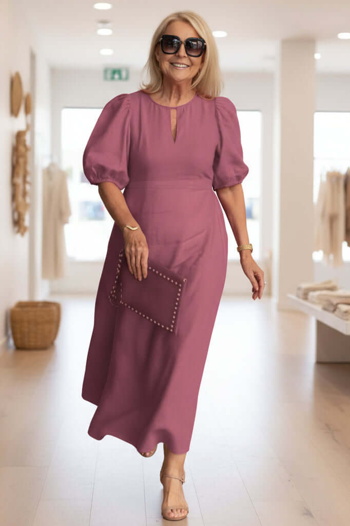 Women's Midi Dress Puff Sleeve Keyhole Neckline Button Detail