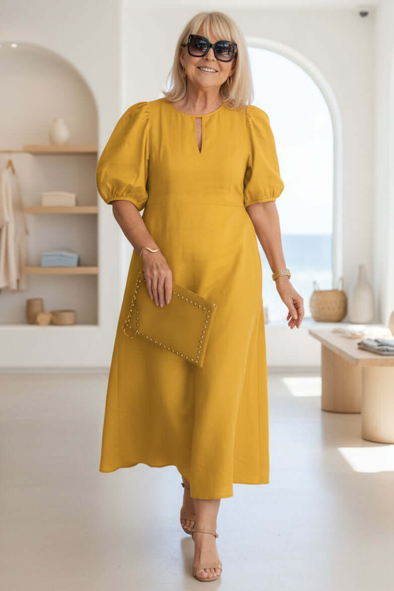 Women's Midi Dress Puff Sleeve Keyhole Neckline Button Detail