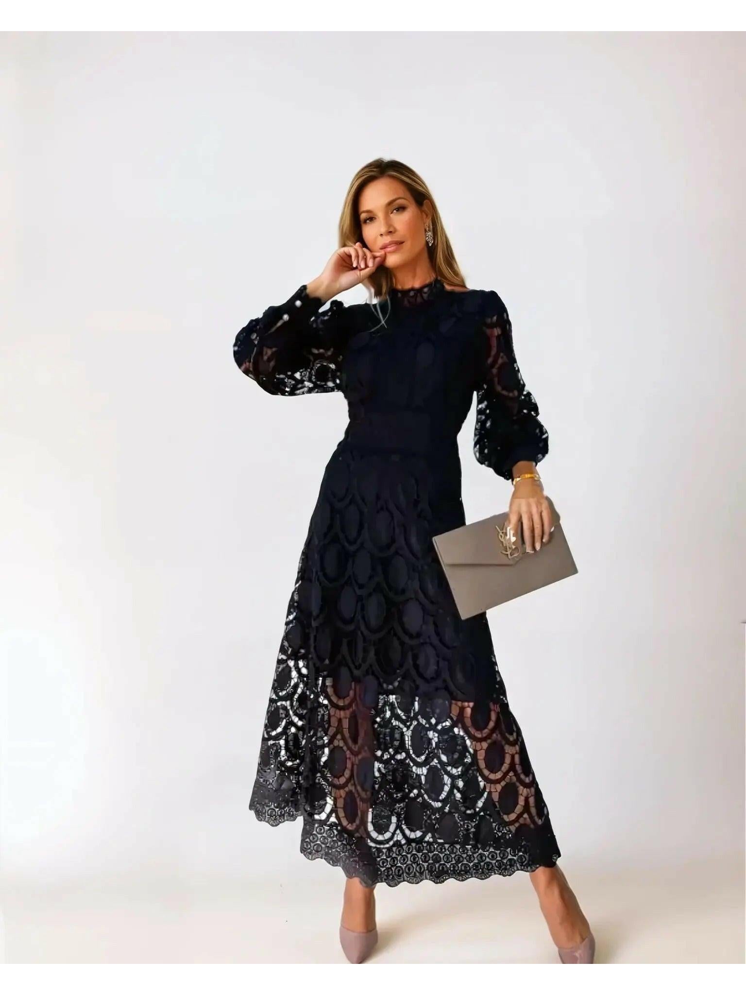 Women's Lace Maxi Dress Long Sleeve High Neck Cutout A-Line