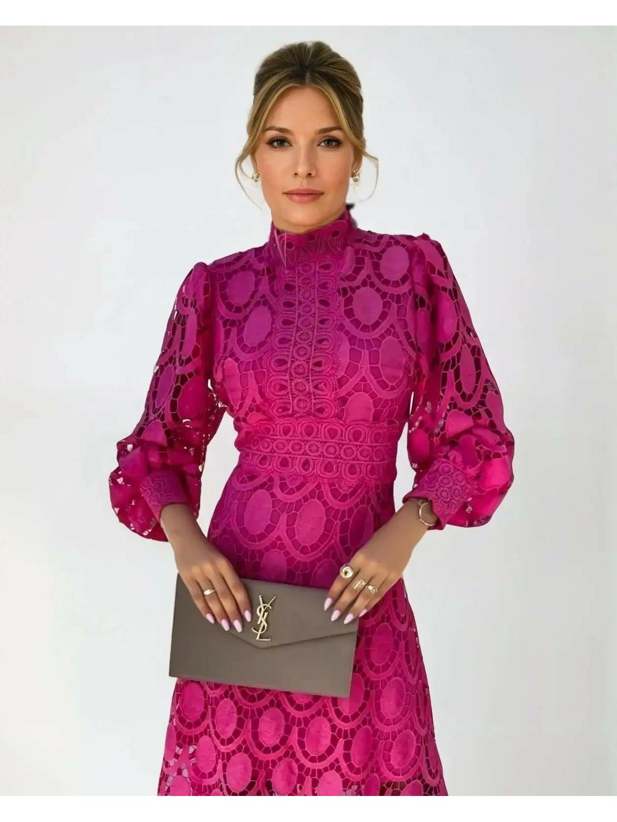 Women's Lace Maxi Dress Long Sleeve High Neck Cutout A-Line