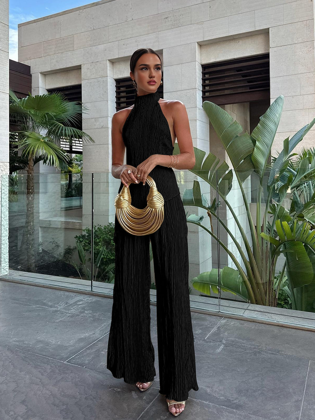 Serena | Women's Halter Neck Pleated Top & Wide Leg Pants Set