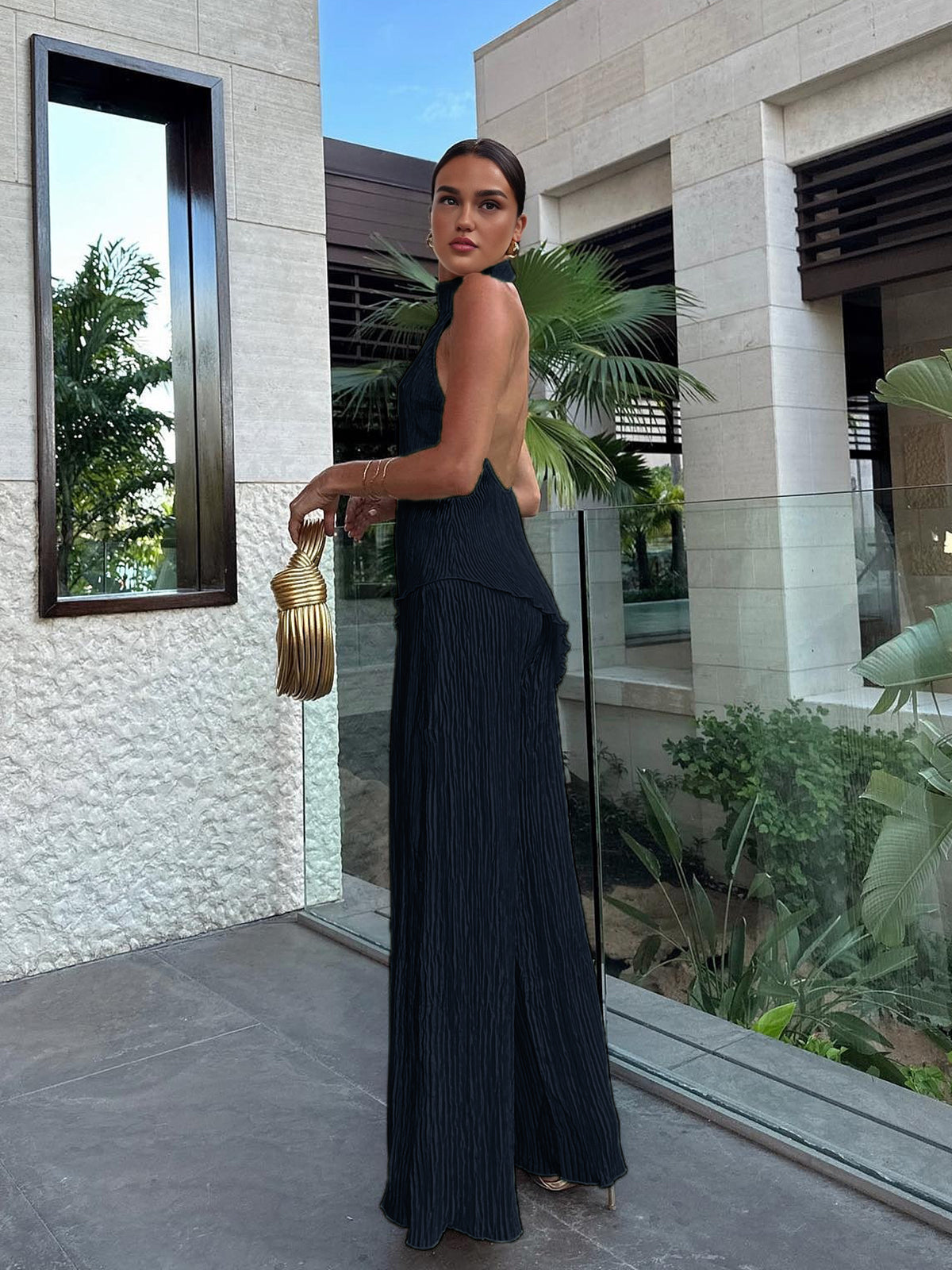 Serena | Women's Halter Neck Pleated Top & Wide Leg Pants Set