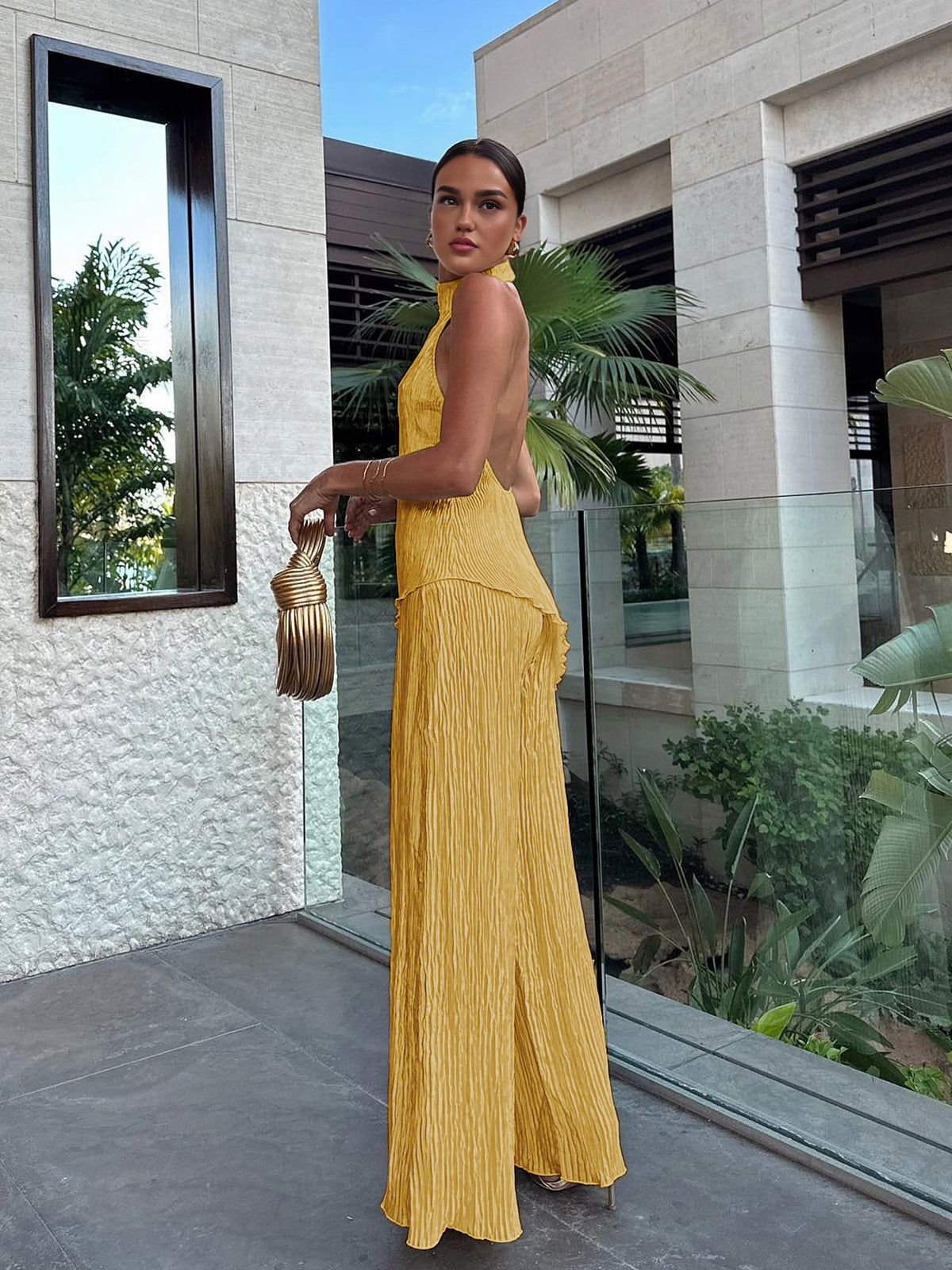 Serena | Women's Halter Neck Pleated Top & Wide Leg Pants Set