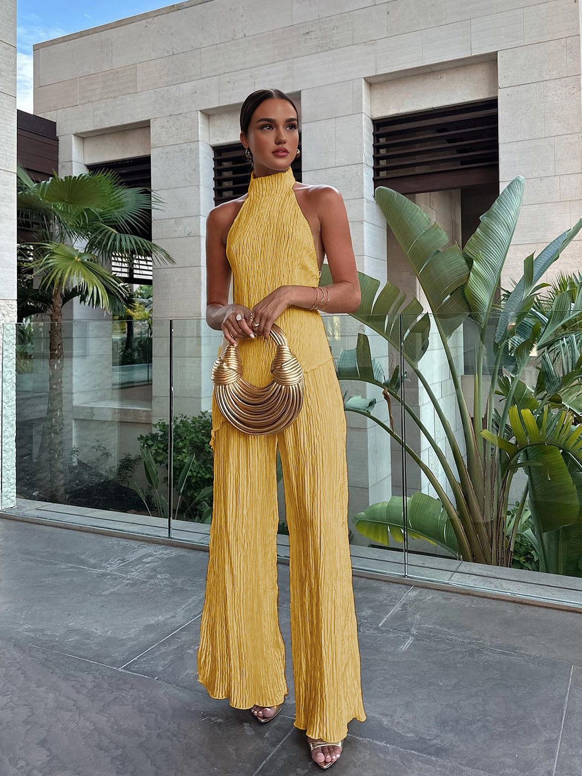 Serena | Women's Halter Neck Pleated Top & Wide Leg Pants Set