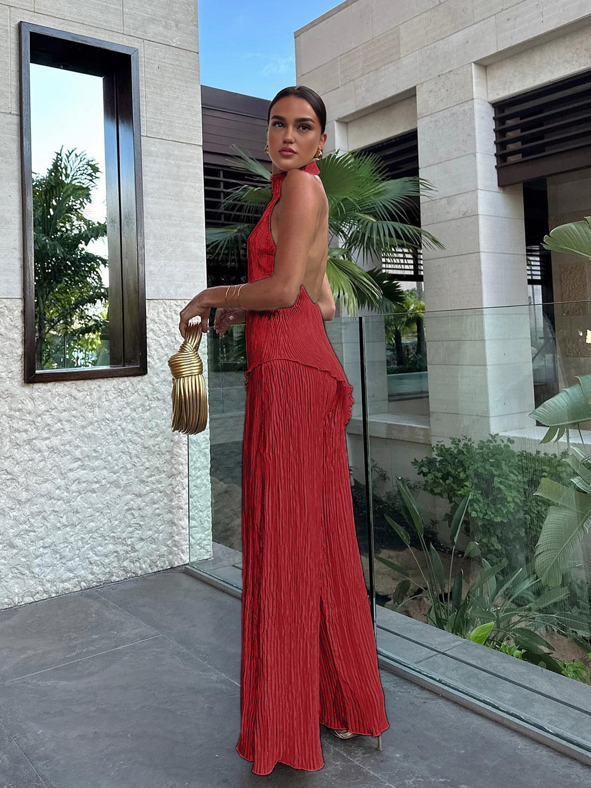 Serena | Women's Halter Neck Pleated Top & Wide Leg Pants Set