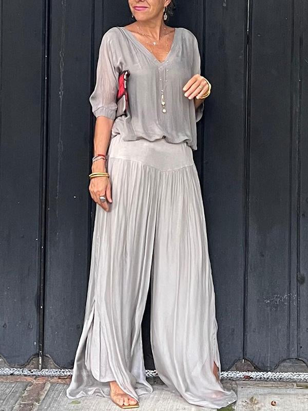 Olive | Women's V-Neck Batwing Sleeve Wide Leg Jumpsuit 2 Piece