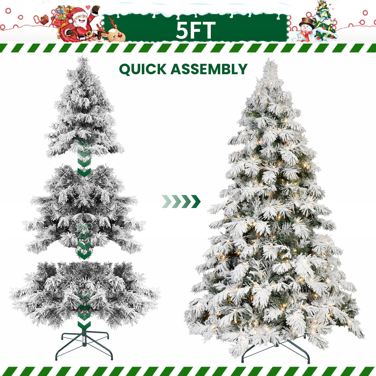 Pre-Lit Snow Flocked Christmas Tree 5ft, 6ft, 7ft, 8ft – Warm White LED, Hinged Branches