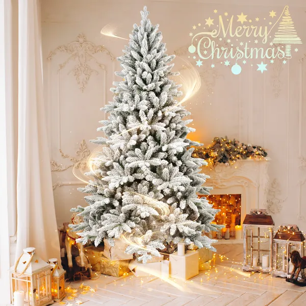 Unlit Snow Flocked Christmas Tree 7ft – Hinged Artificial Tree with 1514 PVC Branches, Sturdy Stand