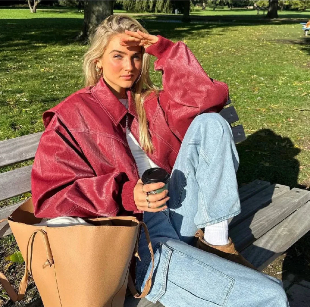 Women's Oversized Bomber Jacket Wide Collar Ribbed Cuffs Red