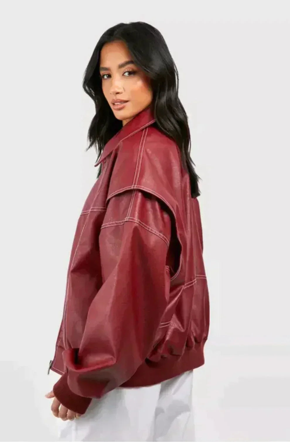 Women's Oversized Bomber Jacket Wide Collar Ribbed Cuffs Red