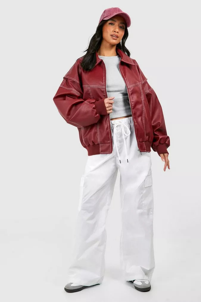 Women's Oversized Bomber Jacket Wide Collar Ribbed Cuffs Red