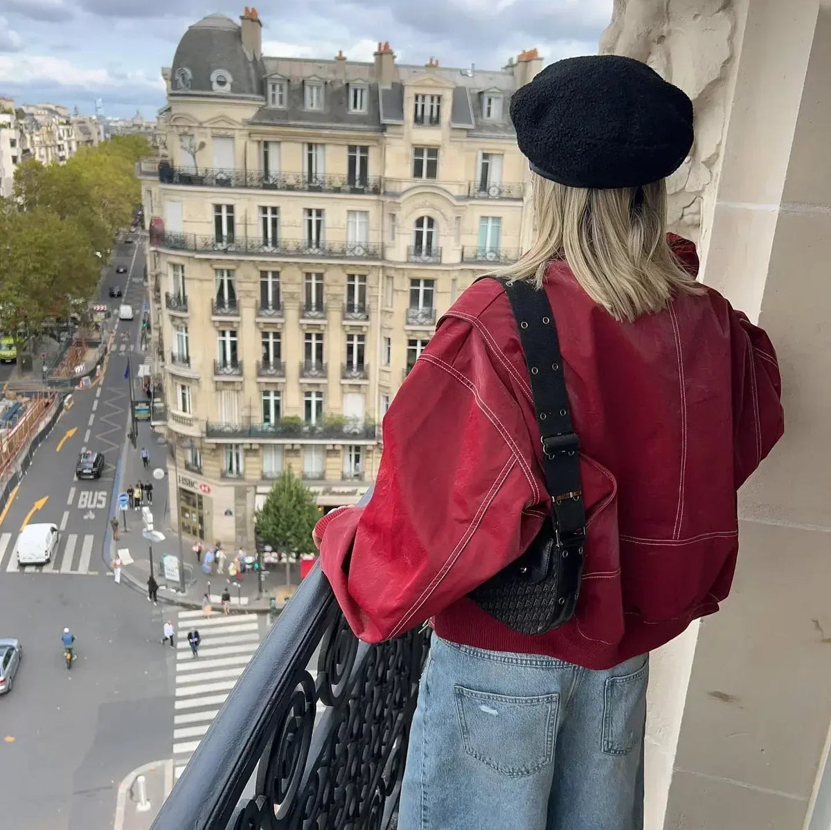 Women's Oversized Bomber Jacket Wide Collar Ribbed Cuffs Red