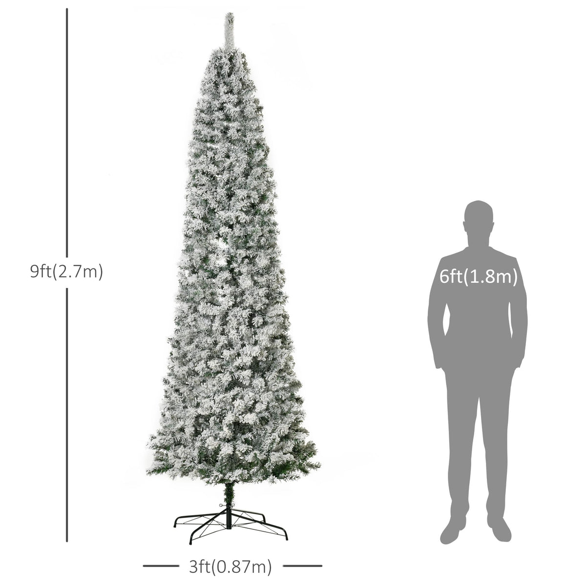 Pre-Lit Snow Flocked Pencil Christmas Tree 9ft – Warm White LED, Slim Auto-Open Branches