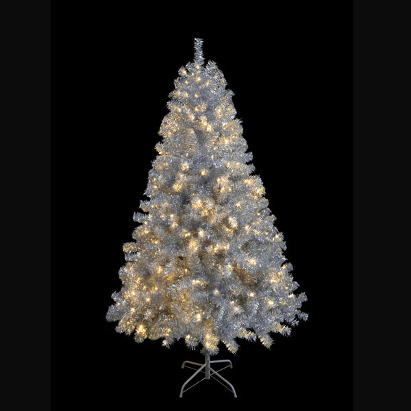 Pre-Lit Silver Christmas Tree 6ft – 300 LED Lights, 11 Light Modes, 800 Tips, Hinged Branches