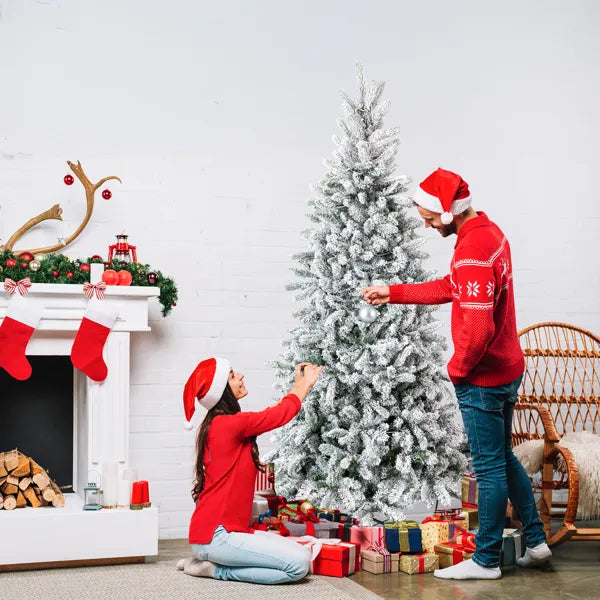 Pre-Lit Snow Flocked Pencil Christmas Tree 7ft – 400 Lights, 1100 Tips, Hinged Slim Pine
