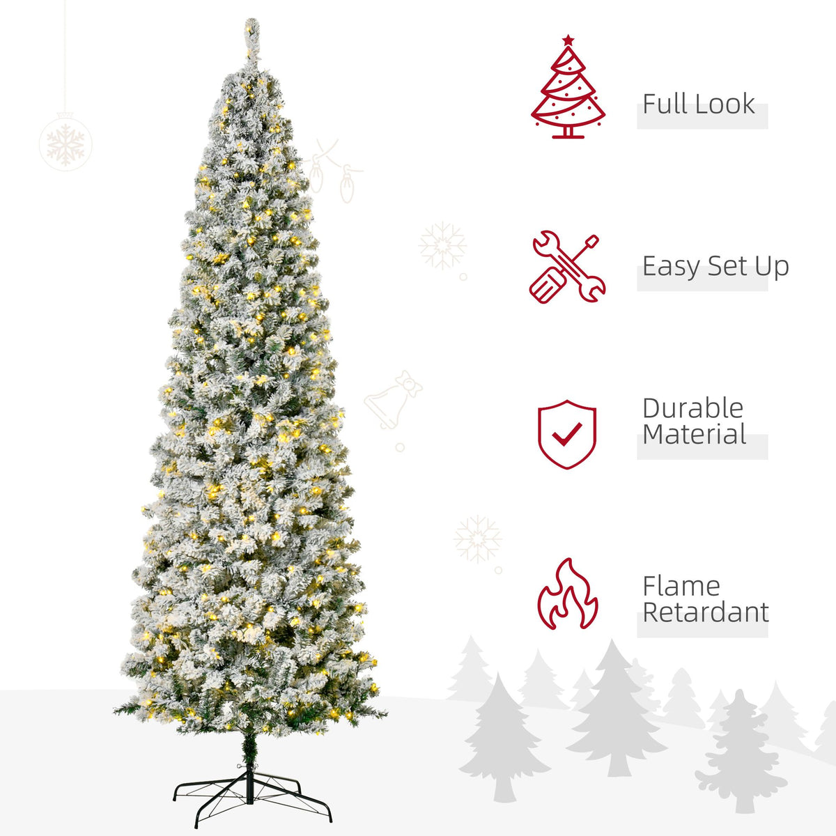 Pre-Lit Snow Flocked Pencil Christmas Tree 9ft – Warm White LED, Slim Auto-Open Branches