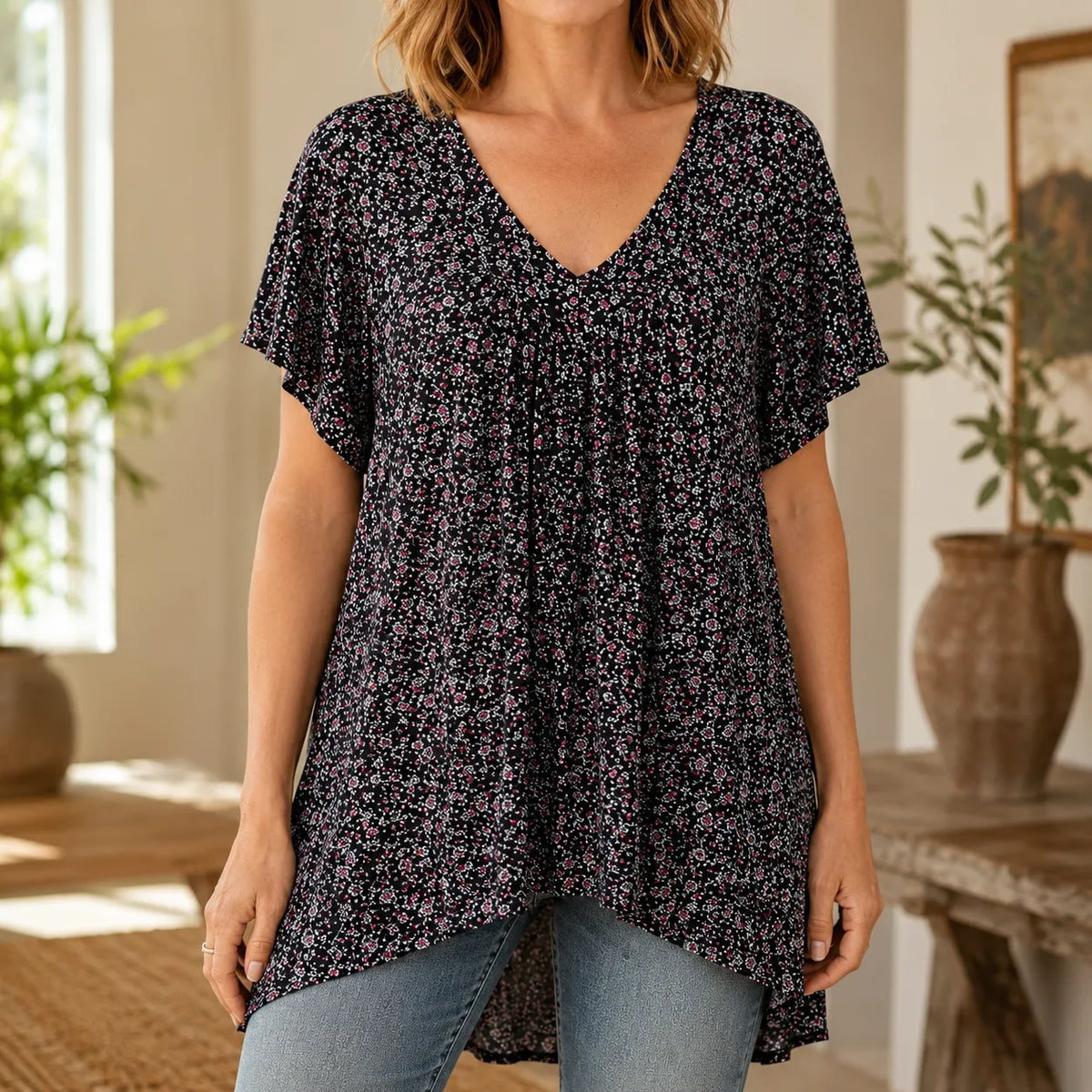 Calveth | Women's Floral Tunic Top Short Sleeve
