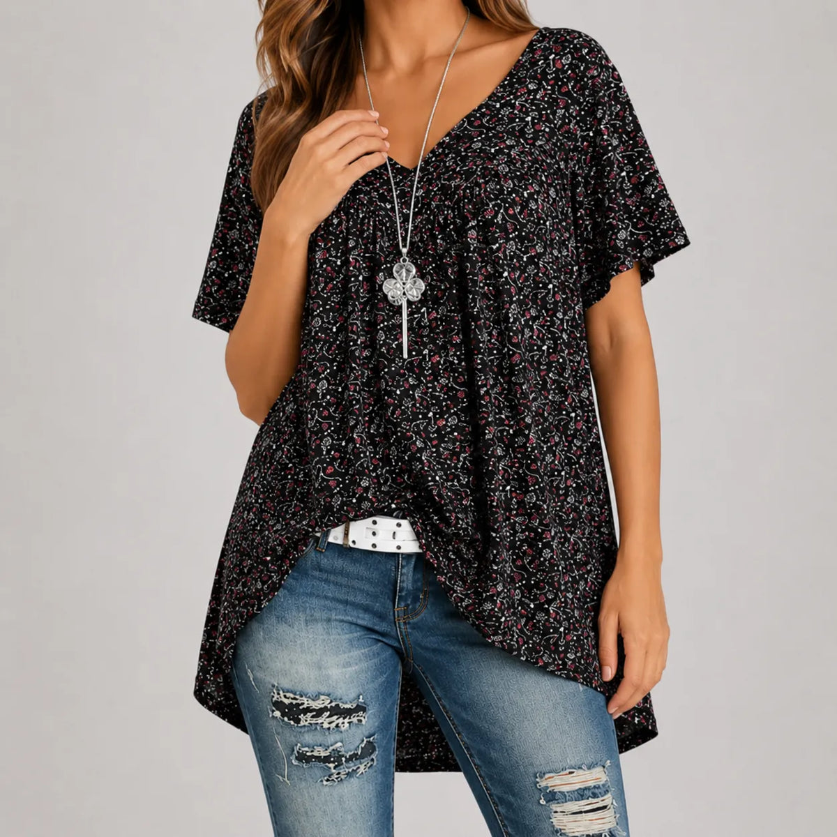 Calveth | Women's Floral Tunic Top Short Sleeve