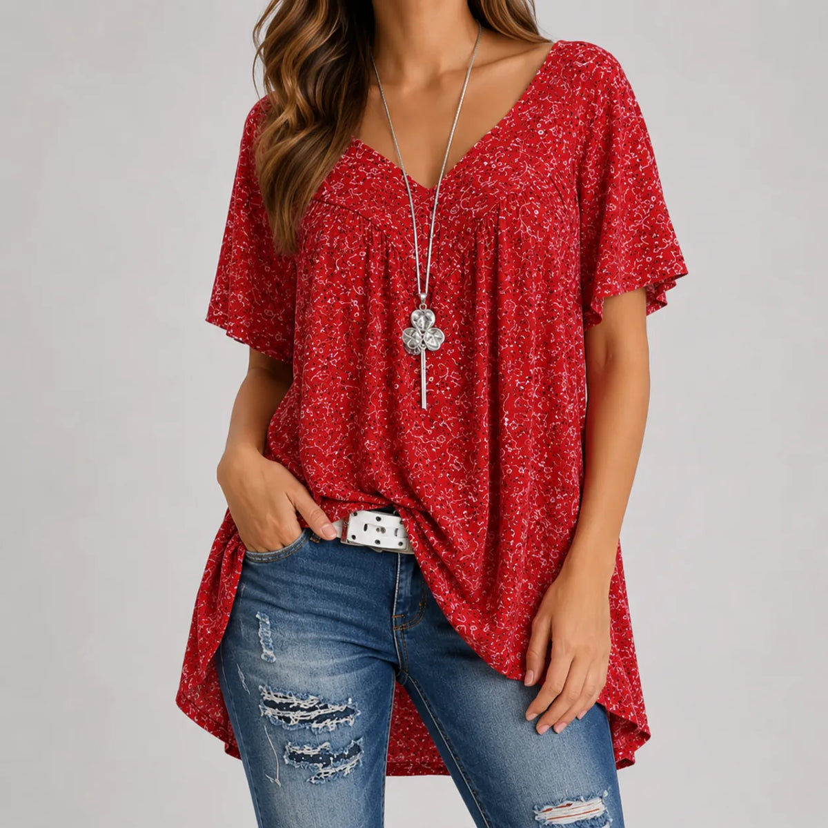 Calveth | Women's Floral Tunic Top Short Sleeve