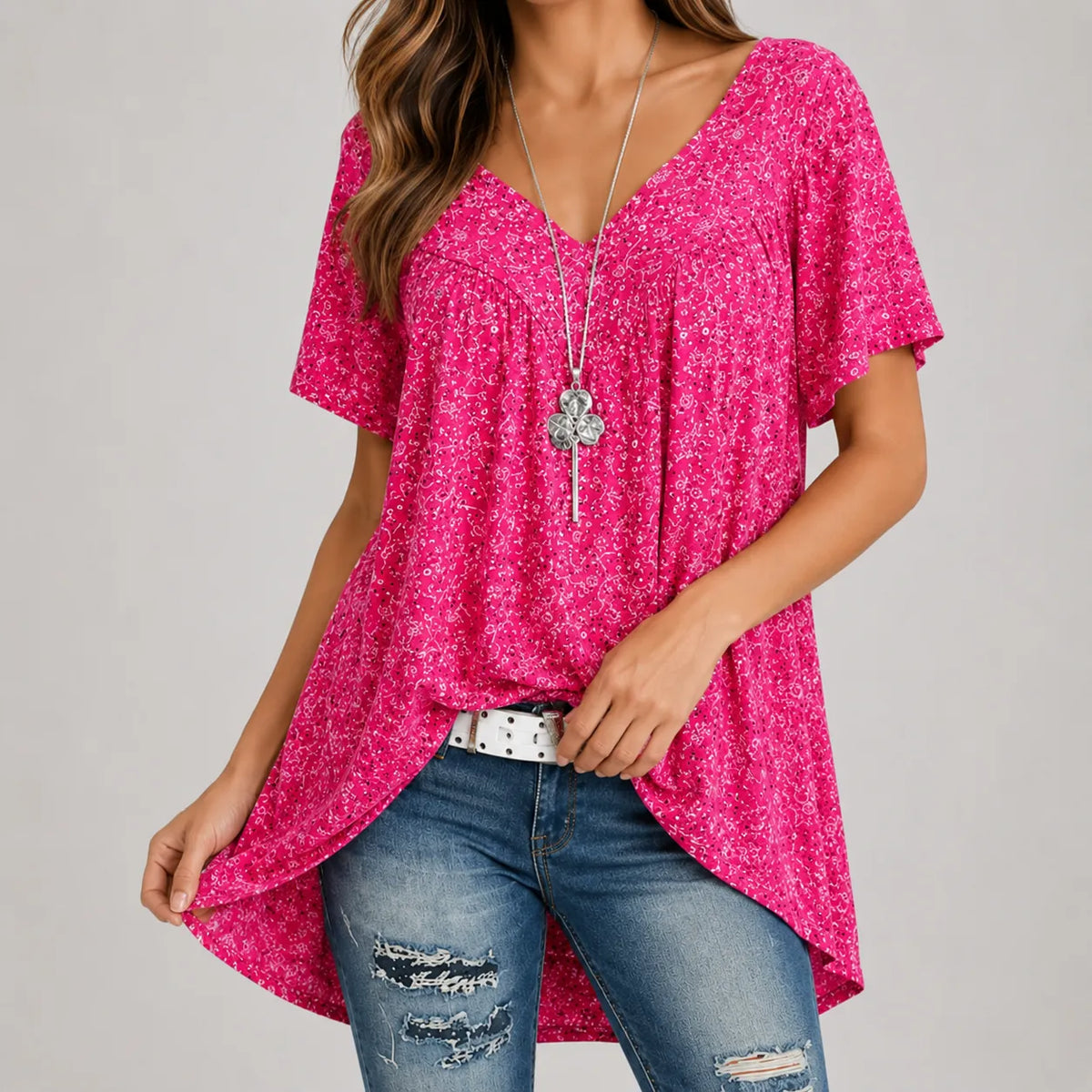 Calveth | Women's Floral Tunic Top Short Sleeve
