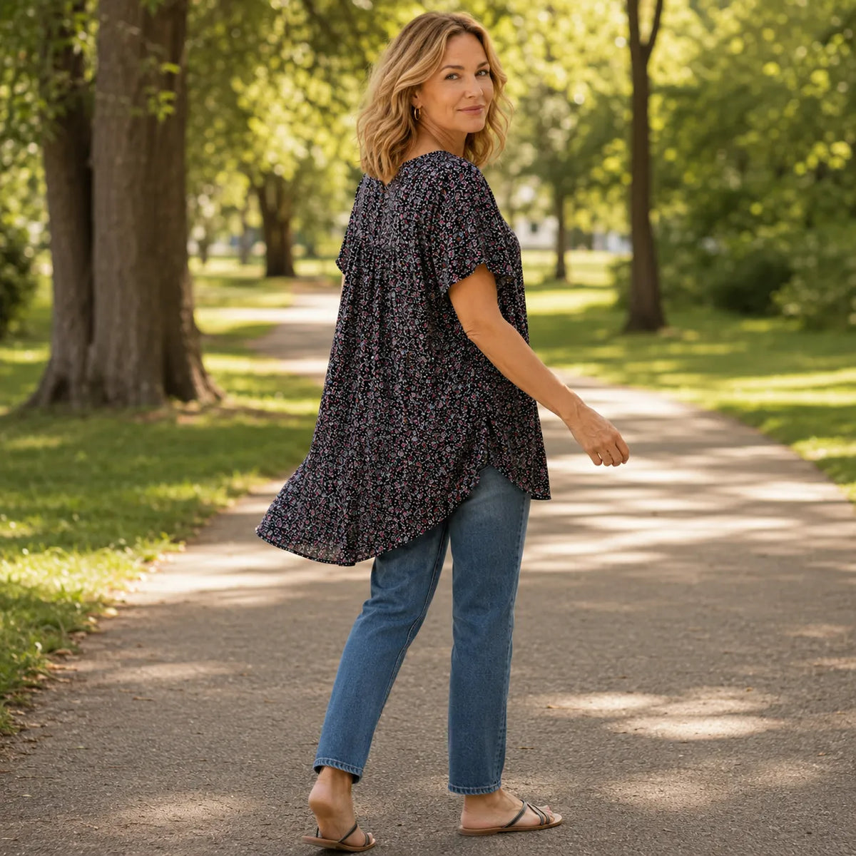 Calveth | Women's Floral Tunic Top Short Sleeve