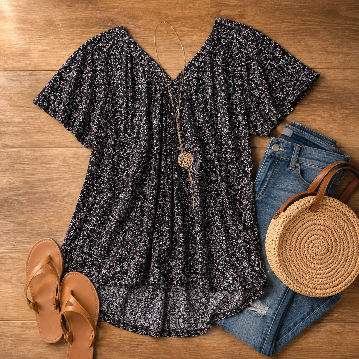 Calveth | Women's Floral Tunic Top Short Sleeve