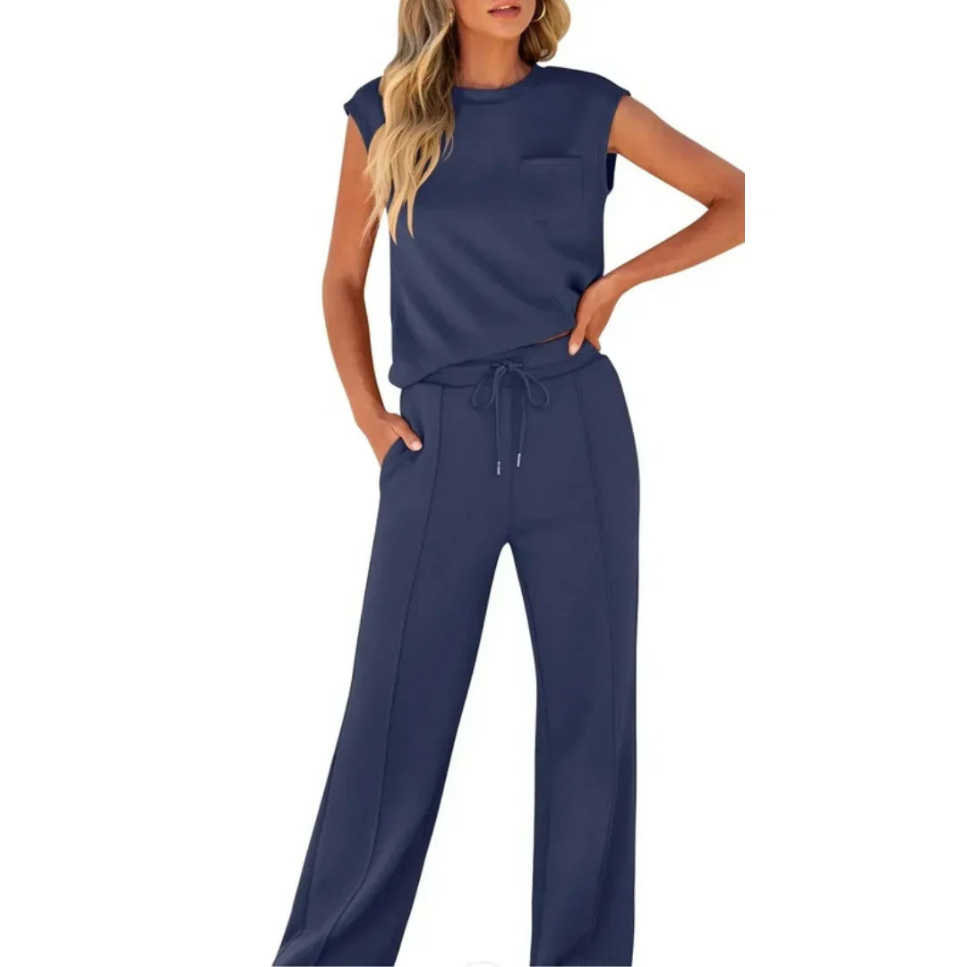 Calvindra | Women's Loungewear Set Cap Sleeve & Wide Leg Pants