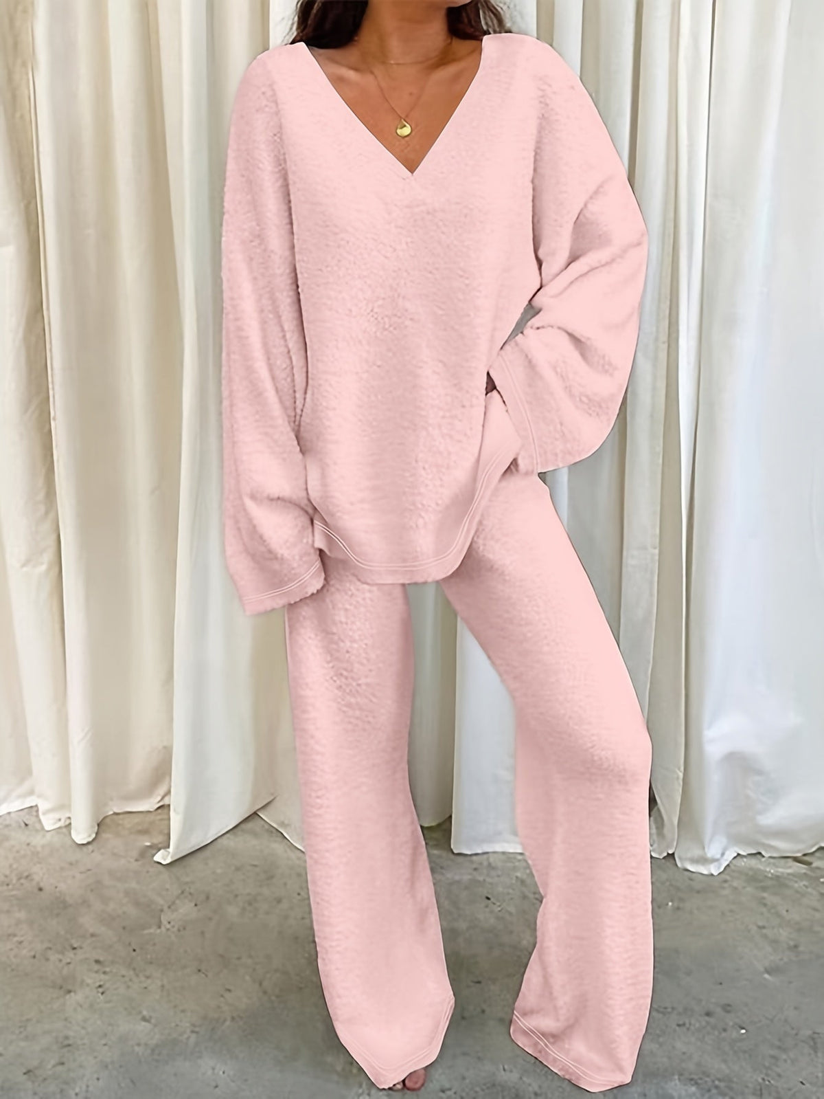 Cressara | Women's Loungewear Set V-Neck Top & Wide-Leg Pants