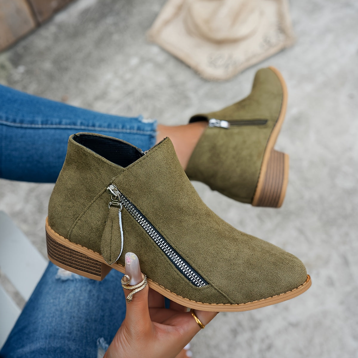 Elegant block heel side-zip ankle boots