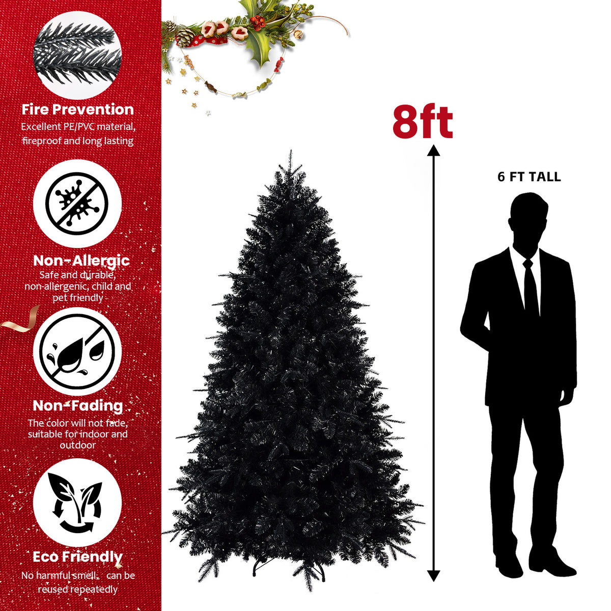 Pre-Lit Black Christmas Tree 5ft, 6ft, 7ft, 8ft – White Lights, PE/PVC Tips, Hinged Branches