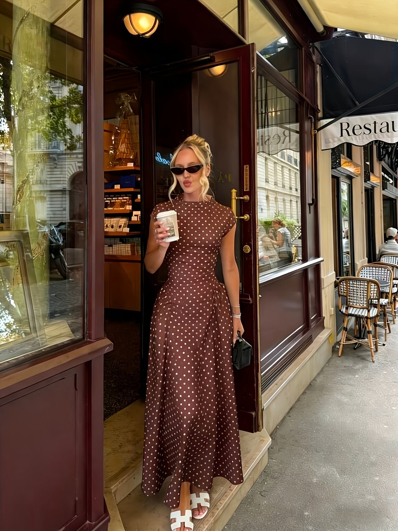 Women's Polka Dot Maxi Dress Mock Neck Cap Sleeve Ruched Waist A-Line Casual Wear