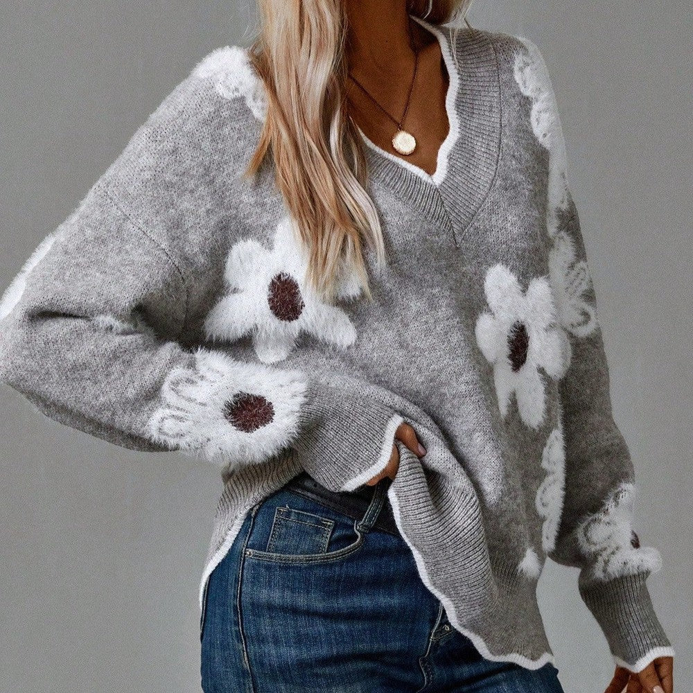 Delvaine | Women's Floral Knit V-Neck Sweater