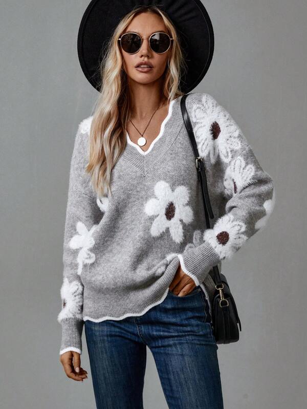 Delvaine | Women's Floral Knit V-Neck Sweater