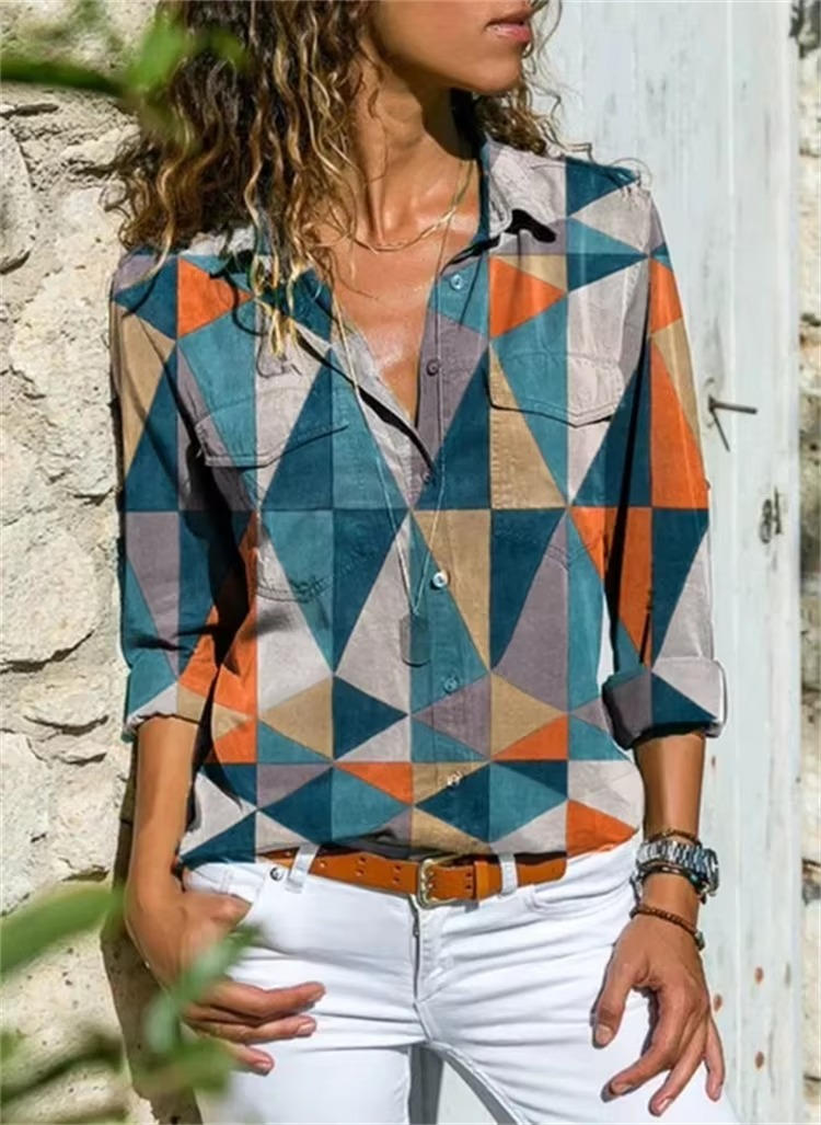 Petra | Women's Geometric Print Long Sleeve Button Down Shirt